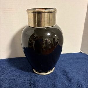 MCM Moroccan Clay Terra Cotta Black & Silver Metal Band Vase Urn 9 1/2" Gothic